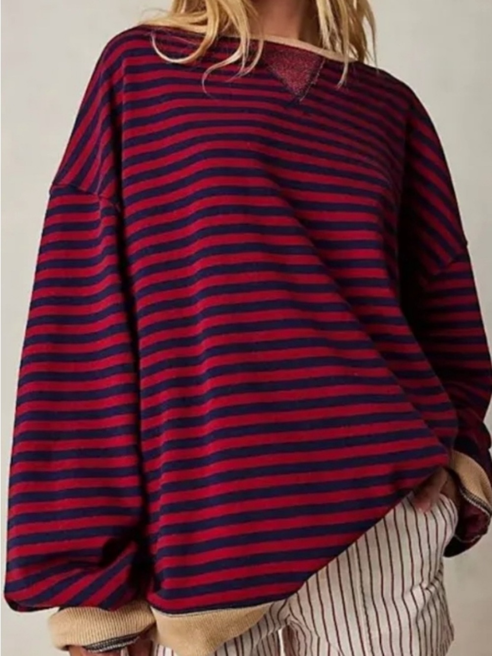 We The Free Navy and Red Striped Oversized Scoop Crew Sweater